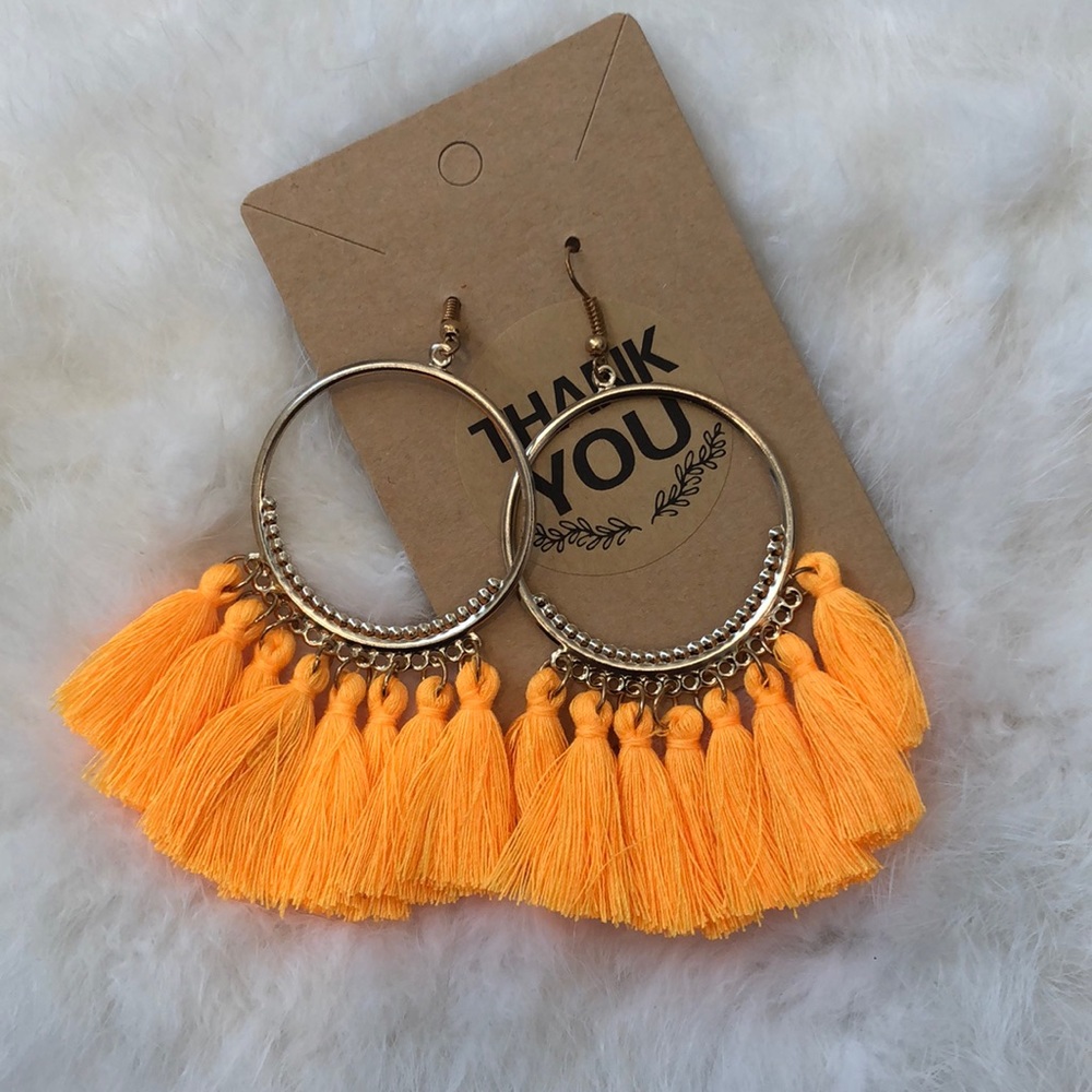 Orange Gold Tone Boho Fringe Tassel Earrings